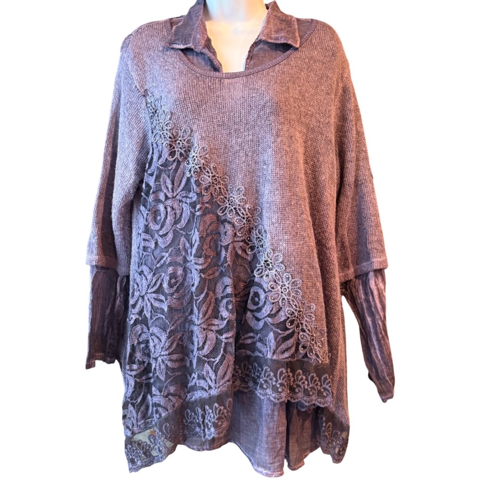 Made in Italy Lagenlook Linen Lace Tunic Top Purple Boho Estimated Size Med/Lg